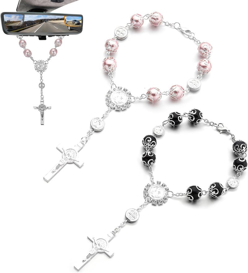 SHMZK 2 PCS Car Rosary for Rearview Mirror, Personalized Blessing Hanging Pendant for Car Rear View Mirror, Cross Rosary Ornament Interior Decor for Most Vehicles, Car Accessories (Black+Pink) - Image 1